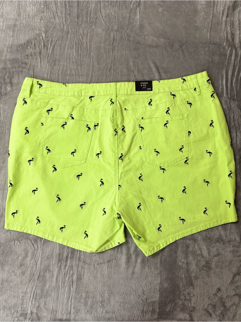 crown & ivy Neon Green Flamingo-Print Men’s Flat Front Shorts